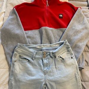 Red and Gray Quarter-Zip Sweatshirt and jeans